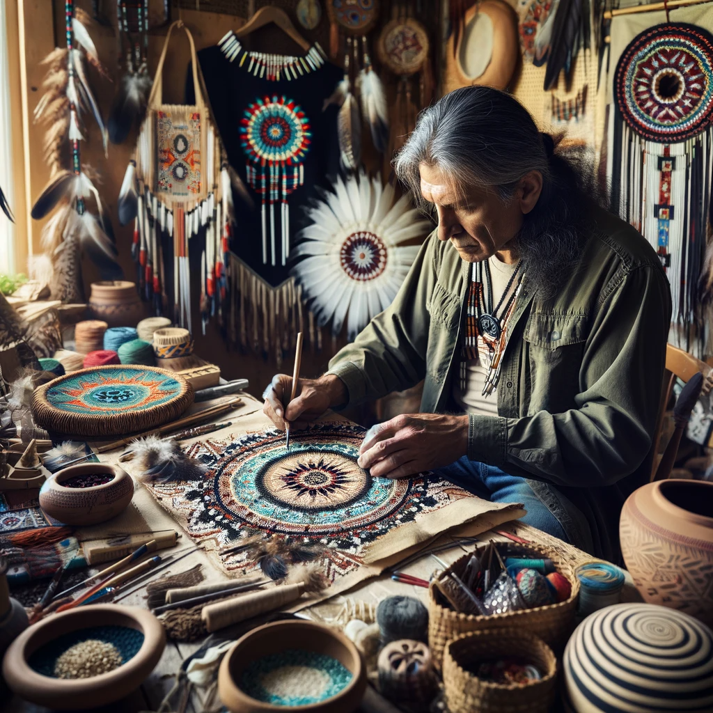 A Native American artist engrossed in crafting traditional designs